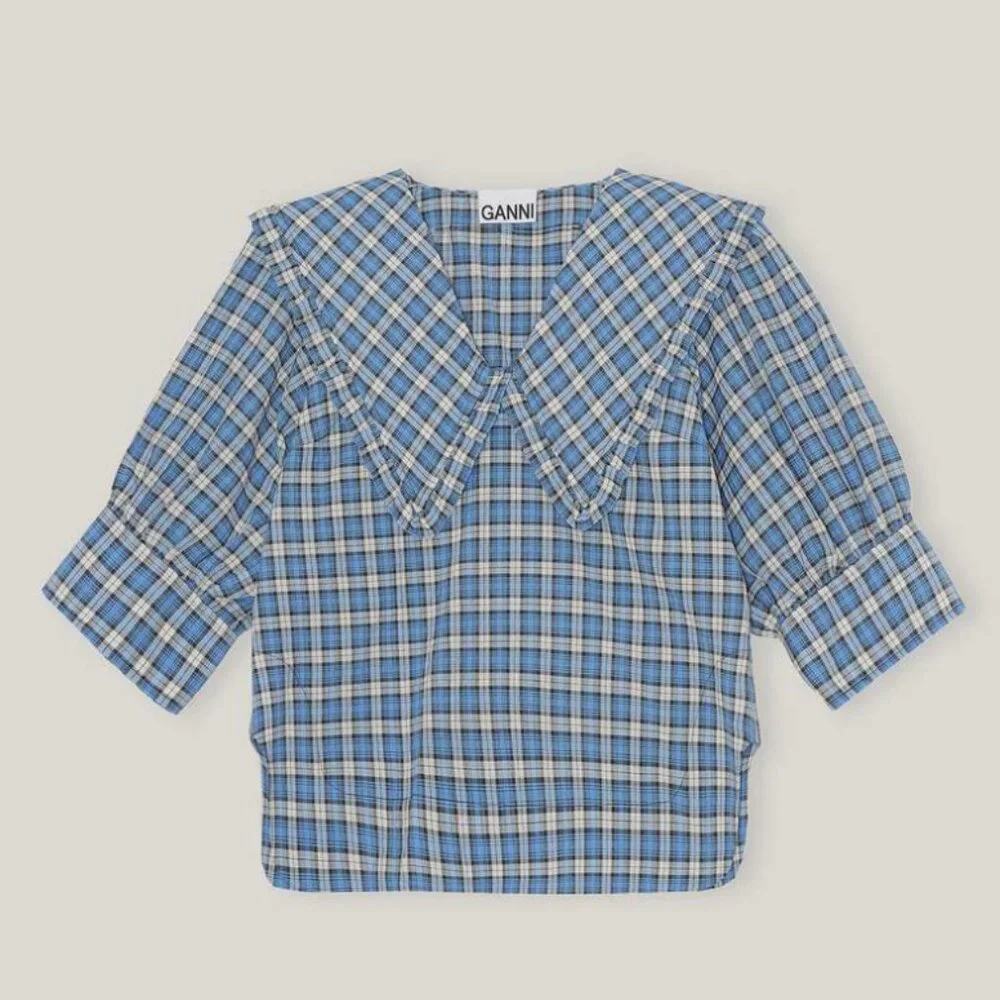 GANNI Seersucker Check V-Neck Ruffle Blouse in Azure Blue - Picture 4 of 14